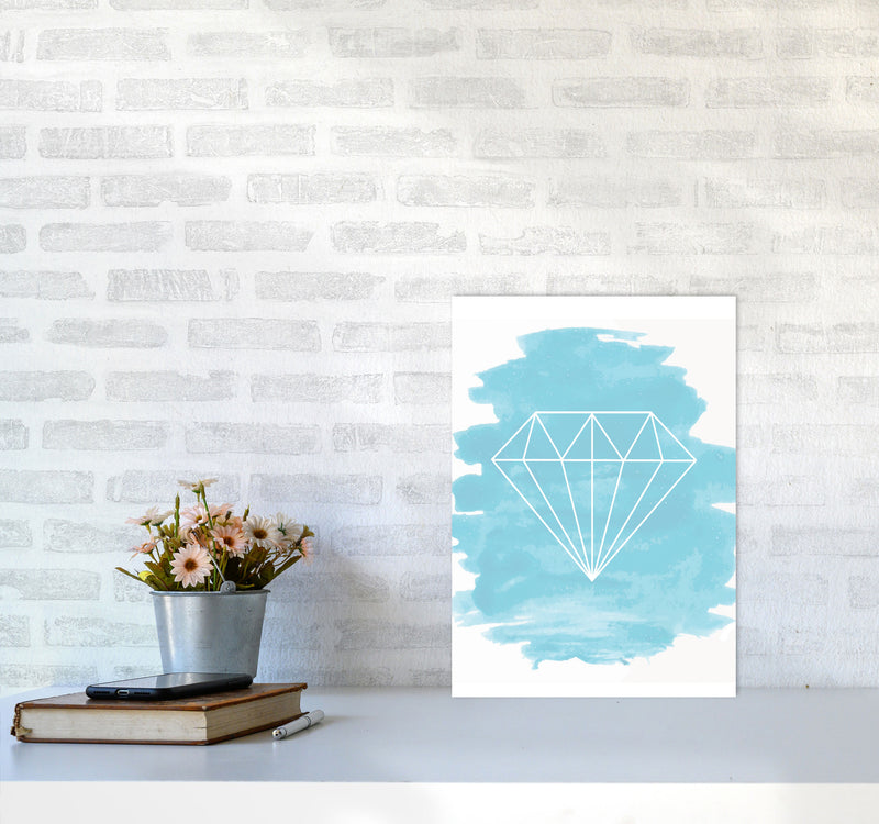 Geo Diamond Light Blue Watercolour Modern Print A3 Black Frame