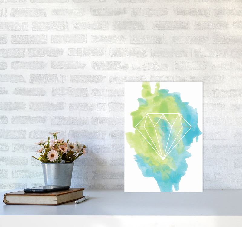 Geo Diamond Turquoise Multi Watercolour Modern Print A3 Black Frame