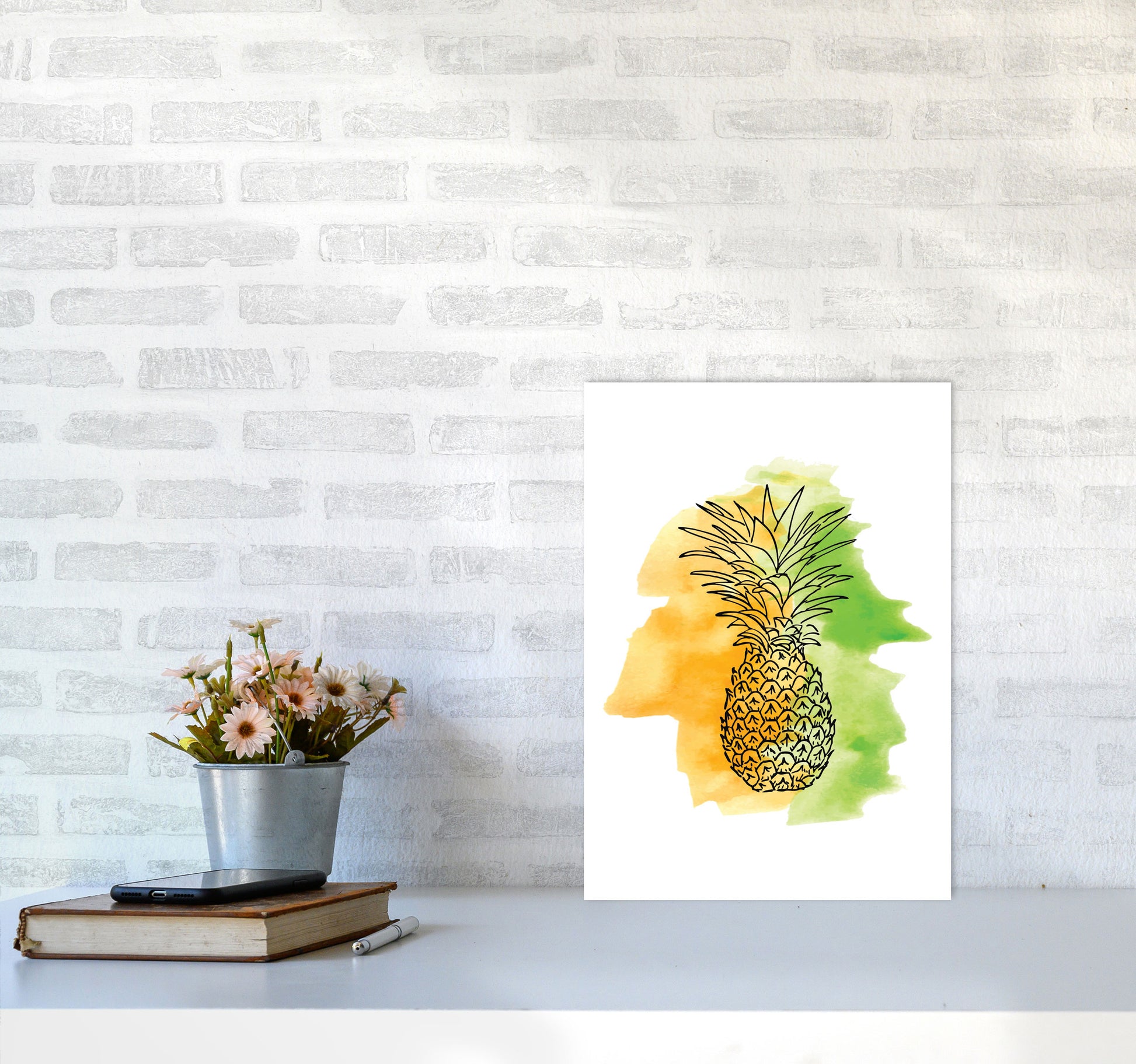 Orange And Green Pineapple Watercolour Modern Print A3 Black Frame