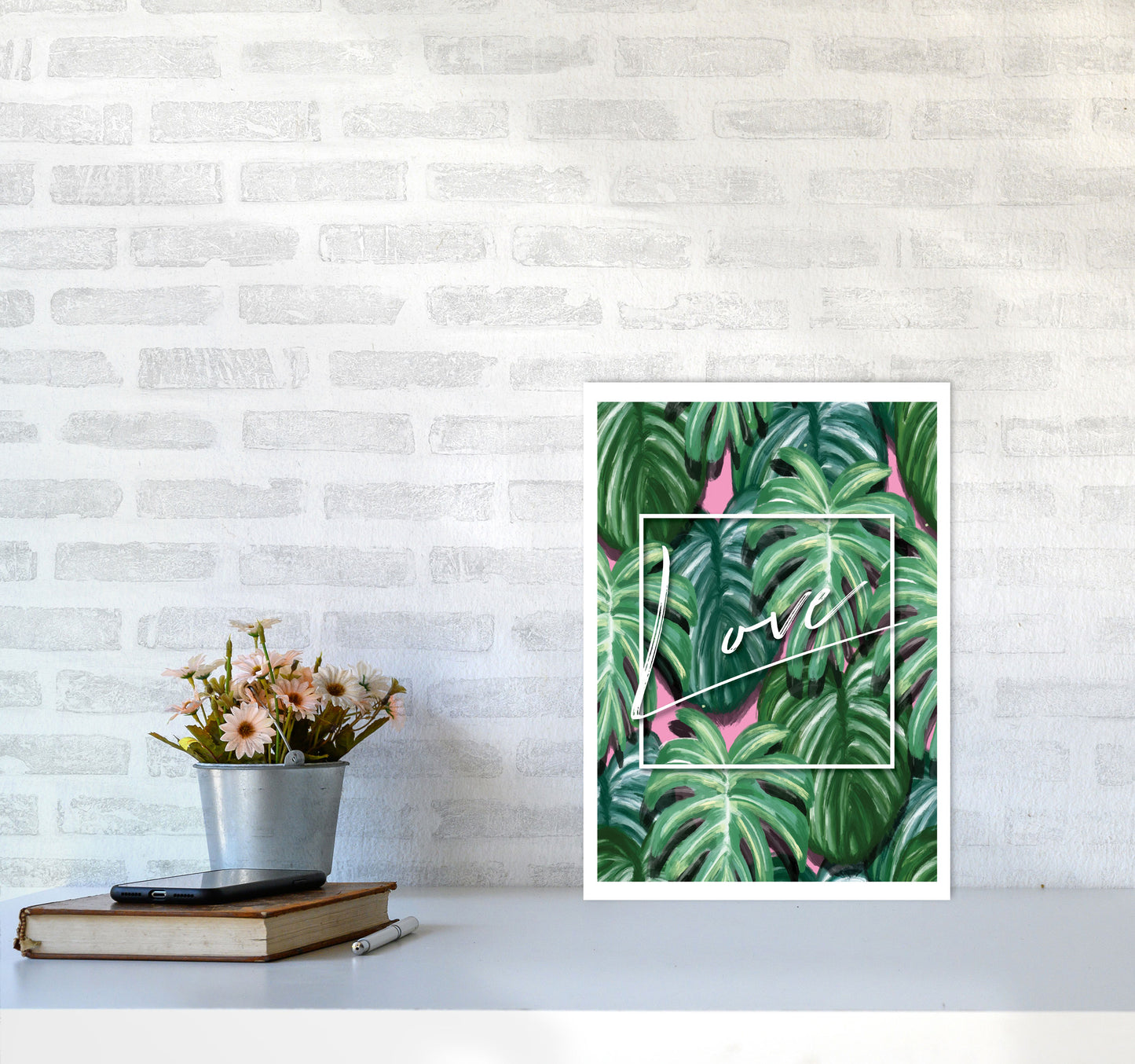 Love Green Leaves Modern Print, Framed Botanical & Nature Art Print A3 Black Frame