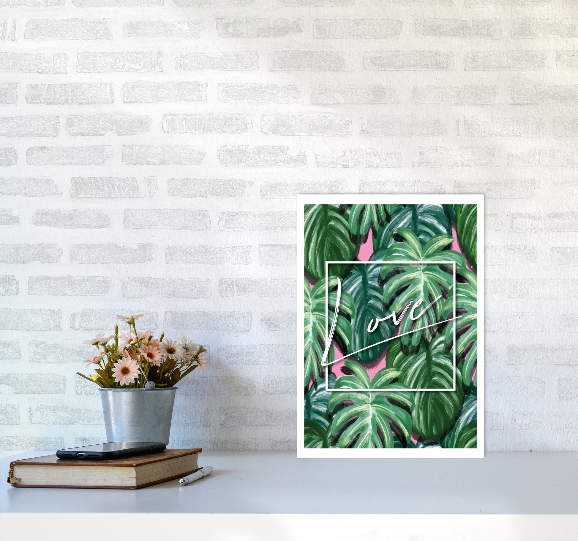 Love Green Leaves Modern Print, Framed Botanical & Nature Art Print A3 Black Frame