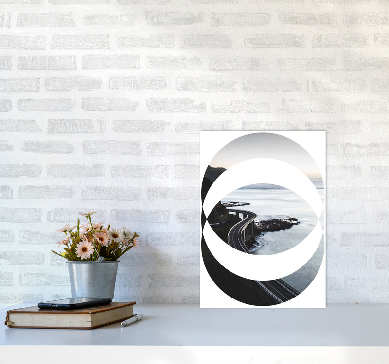 Black Road Oval Modern Print, Framed Botanical & Nature Art Print A3 Black Frame