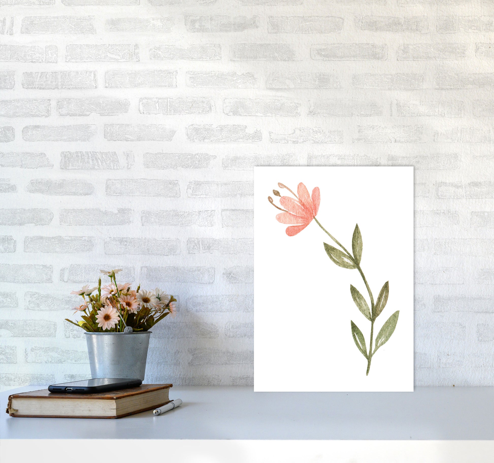 Pink Watercolour Flower 2 Modern Print A3 Black Frame