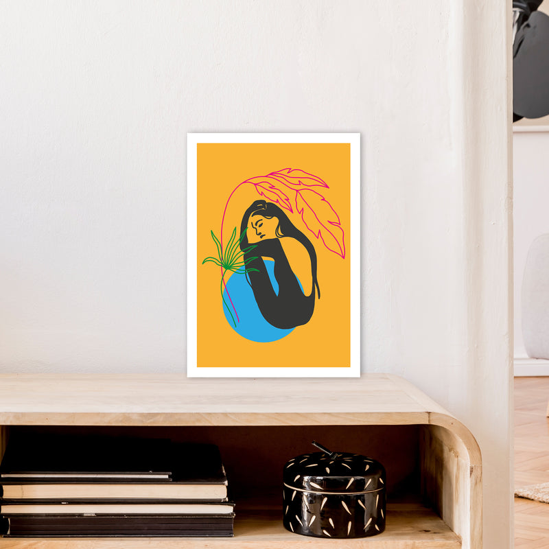 Girl Under Plant Yellow Neon Funk  Art Print by Pixy Paper A3 Black Frame