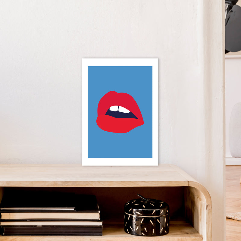 Red Lips Blue Back  Art Print by Pixy Paper A3 Black Frame