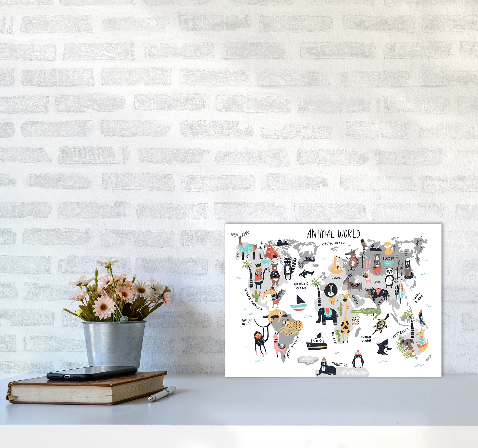 Animal World Map  Art Print by Pixy Paper A3 Black Frame