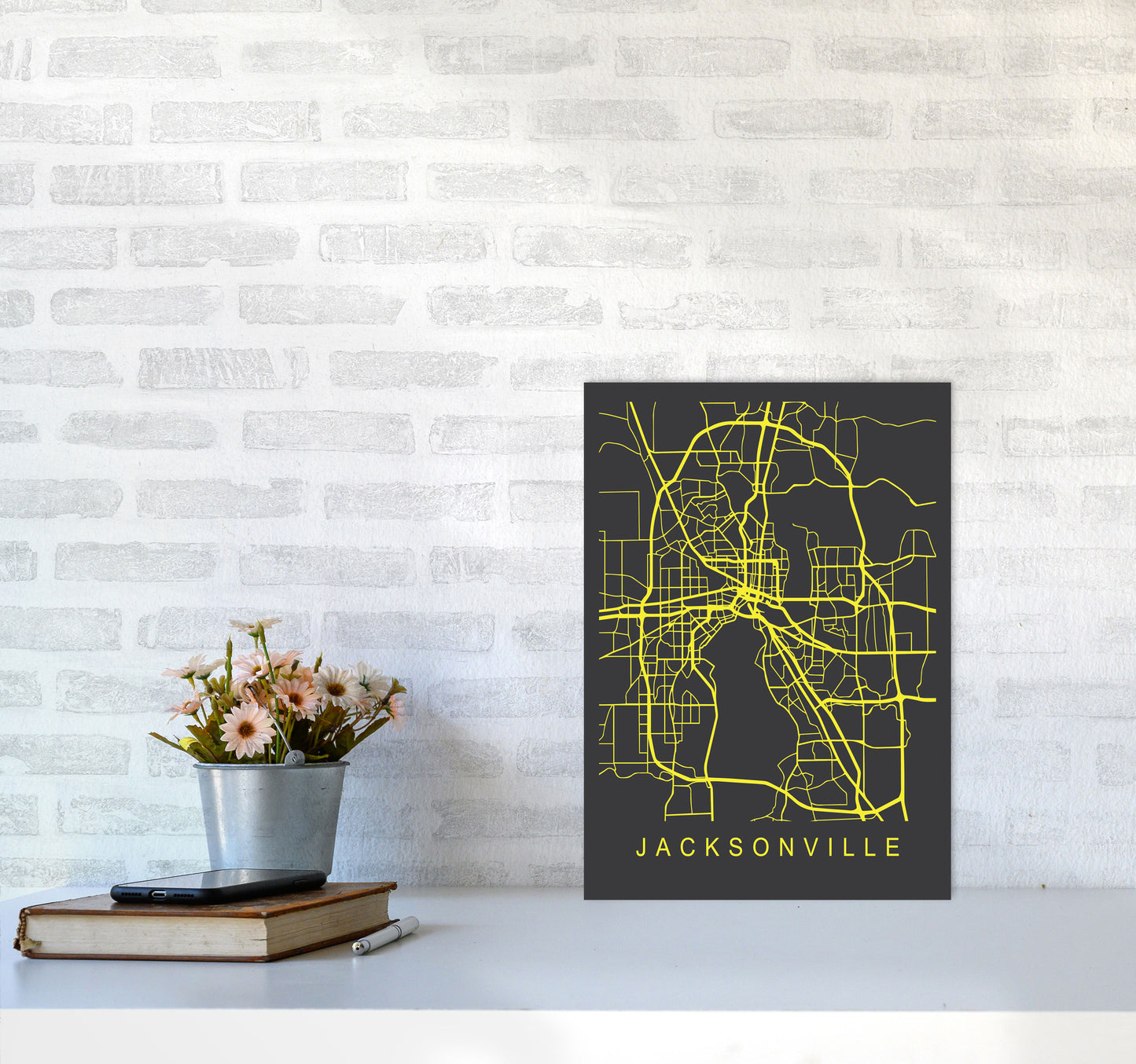 Jacksonville Map Neon Art Print by Pixy Paper A3 Black Frame