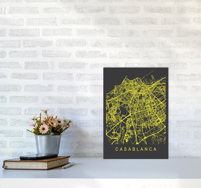 Casablanca Map Neon Art Print by Pixy Paper A3 Black Frame