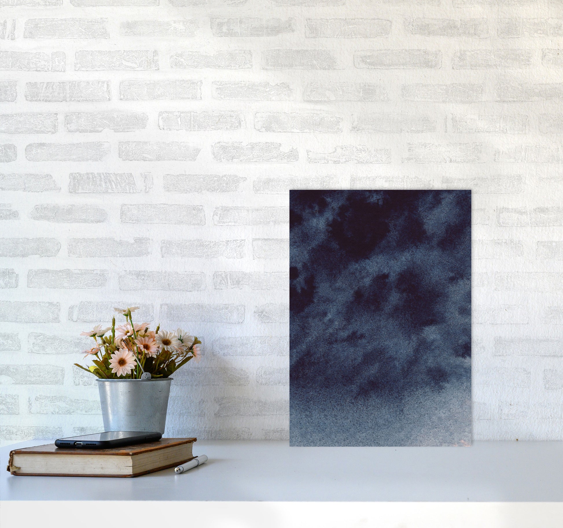Sand Navy Watercolour Art Print by Pixy Paper A3 Black Frame