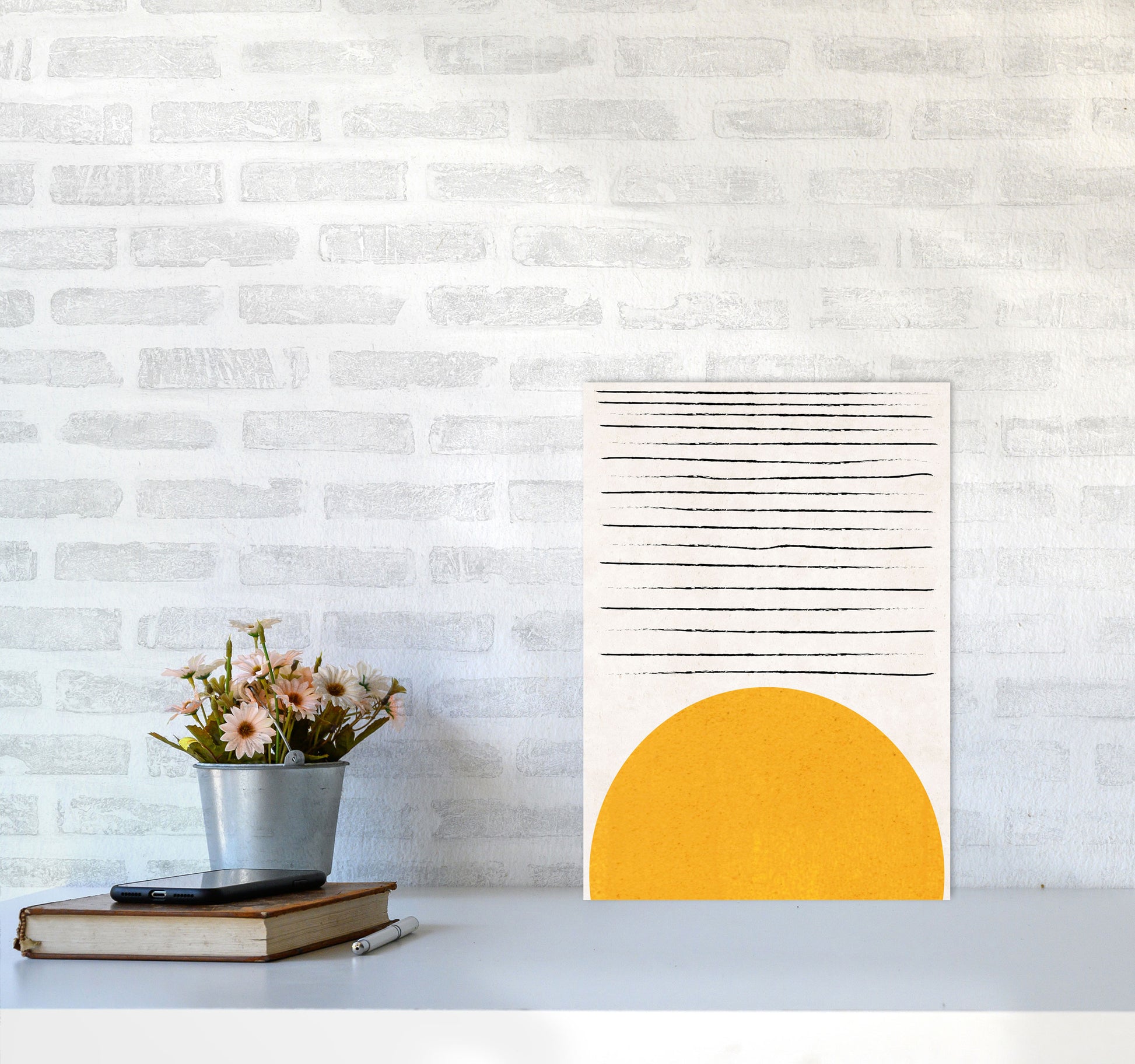Sun lines mustard Art Print by Pixy Paper A3 Black Frame