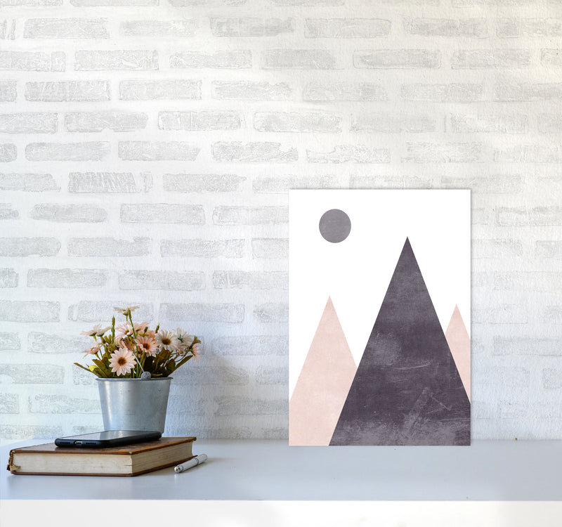 Mountains and moon pink cotton Art Print by Pixy Paper A3 Black Frame