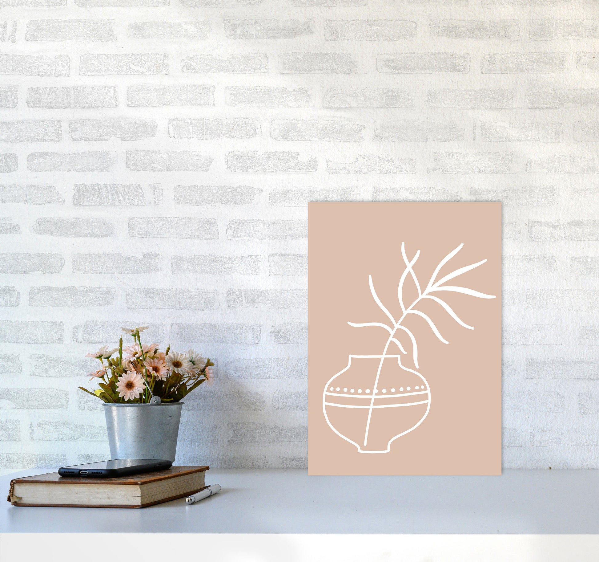 Inspired Pink Plant Silhouette Line Art Art Print by Pixy Paper A3 Black Frame