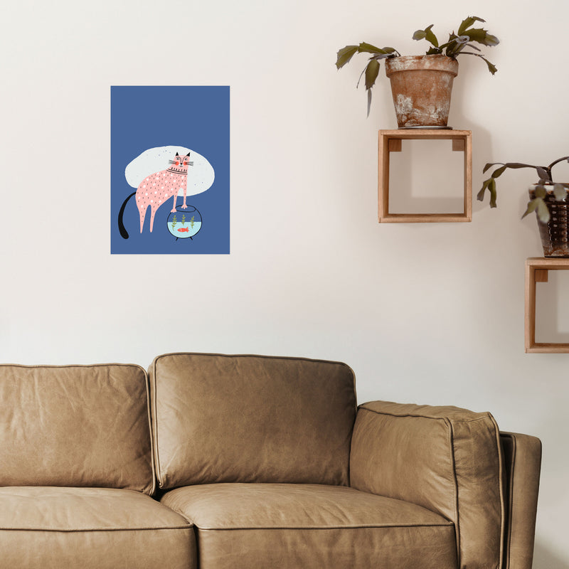 Cat and Fish Art Print by Pixy Paper A3 Black Frame