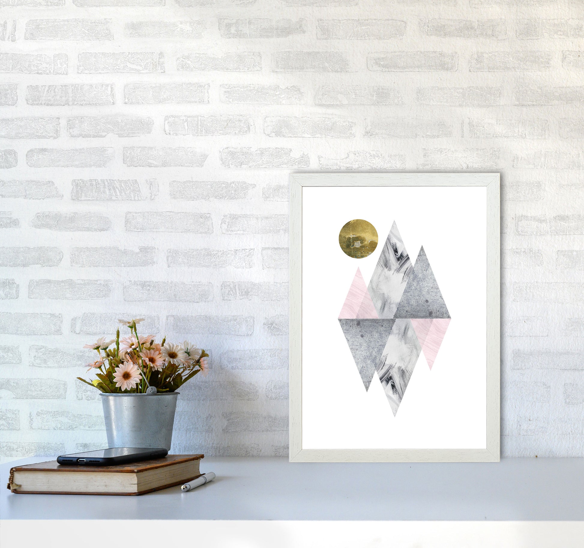 Pink And Grey Diamonds With Gold Moon Abstract Modern Print A3 Oak Frame
