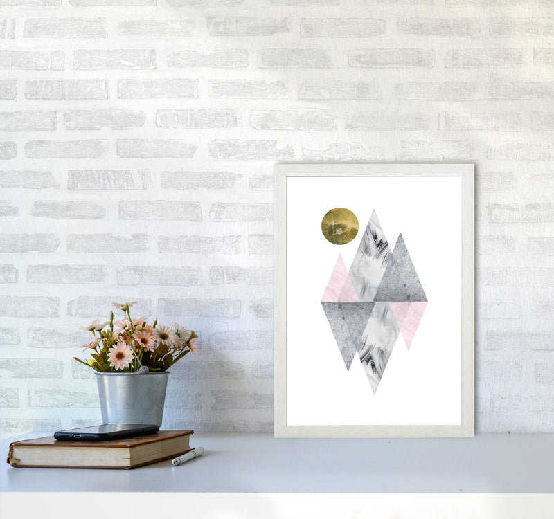 Pink And Grey Diamonds With Gold Moon Abstract Modern Print A3 Oak Frame