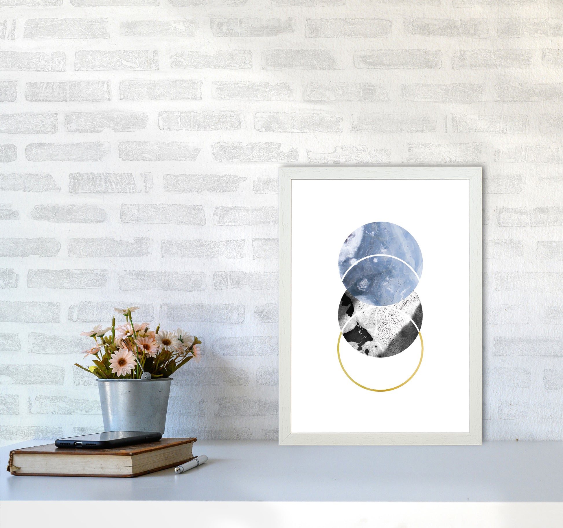 Blue And Gold Abstract Circles Modern Print A3 Oak Frame