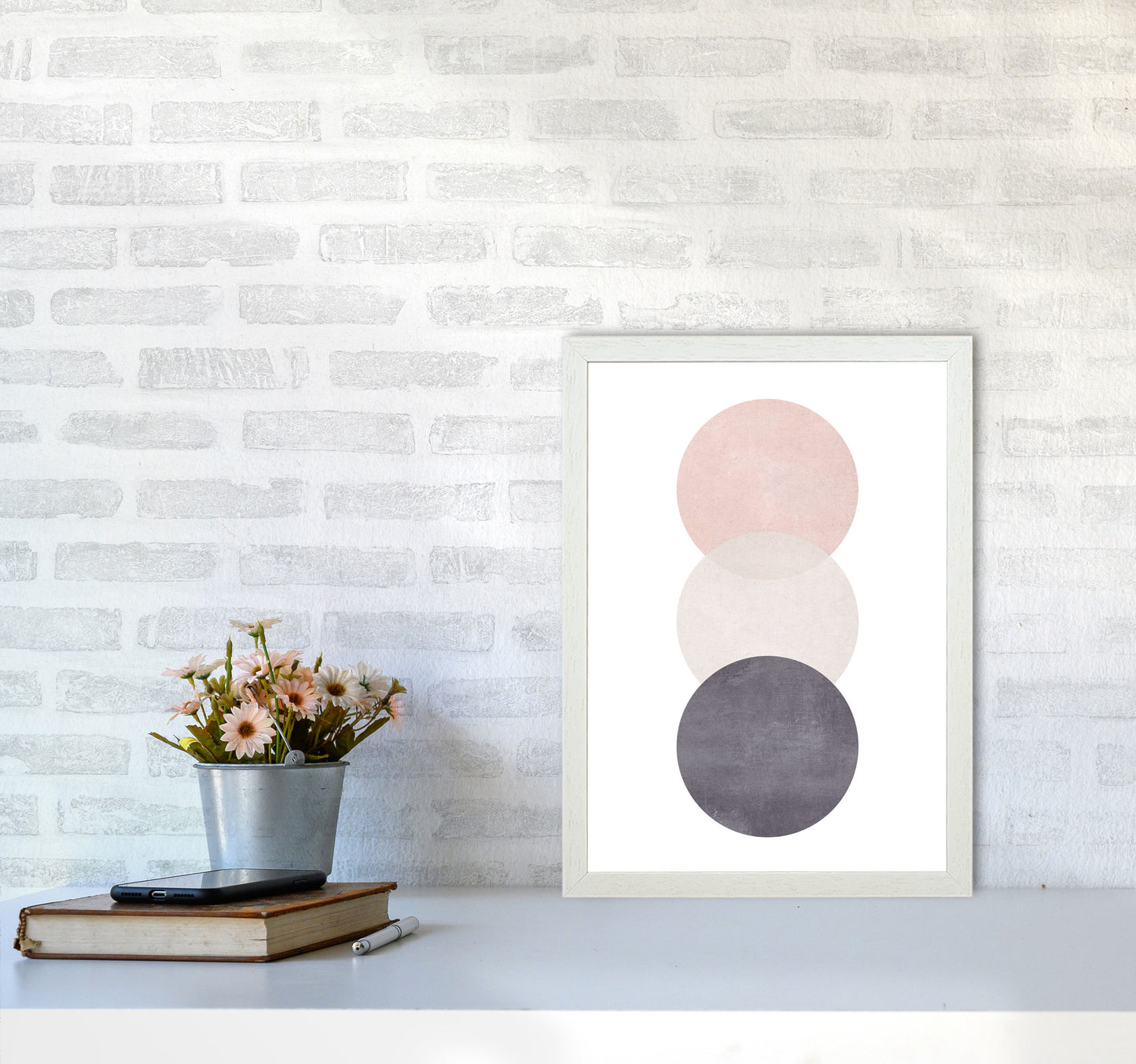 Cotton, Pink And Grey Abstract Circles Modern Print A3 Oak Frame
