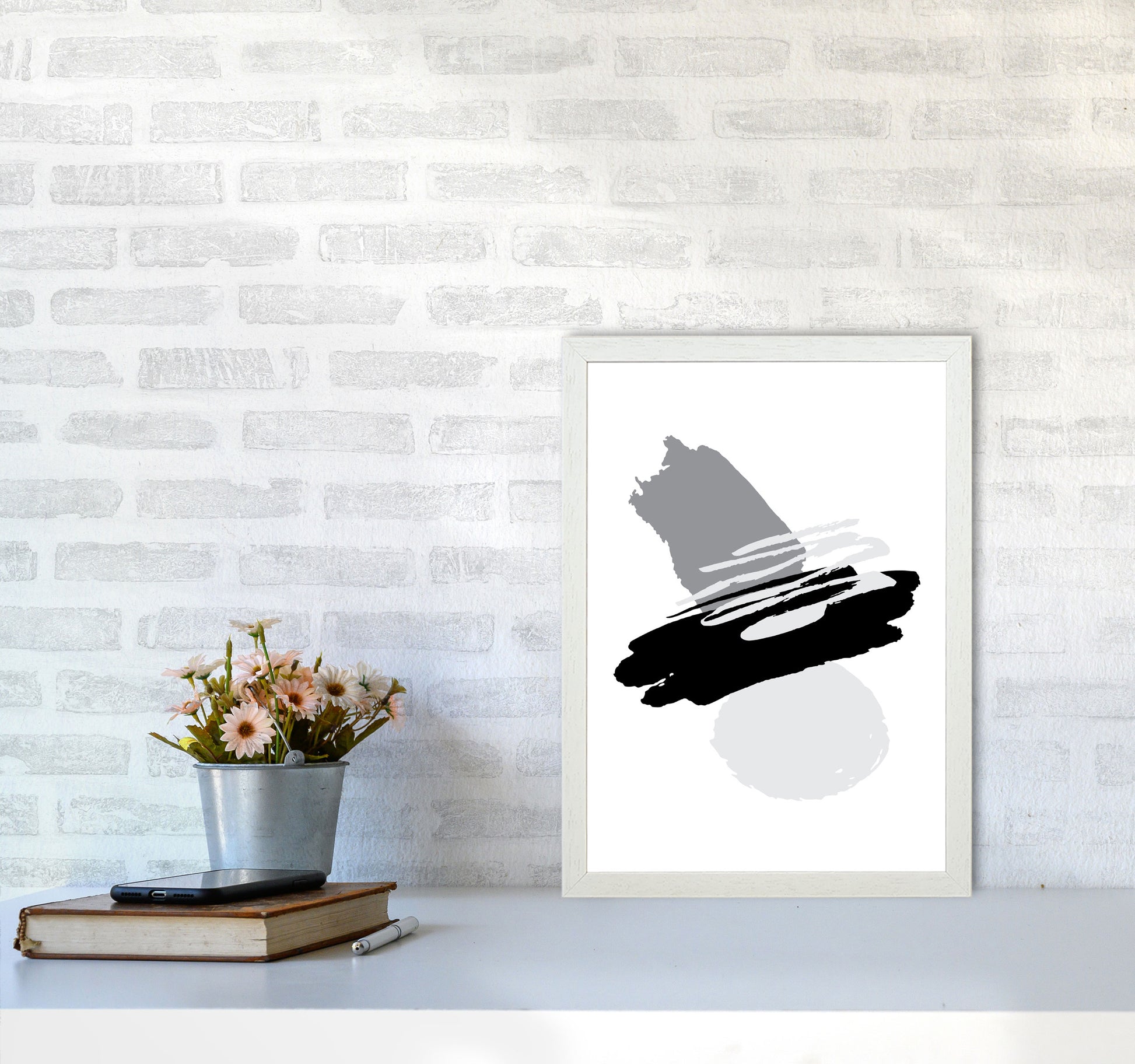Black And Grey Abstract Paint Shapes Modern Print A3 Oak Frame