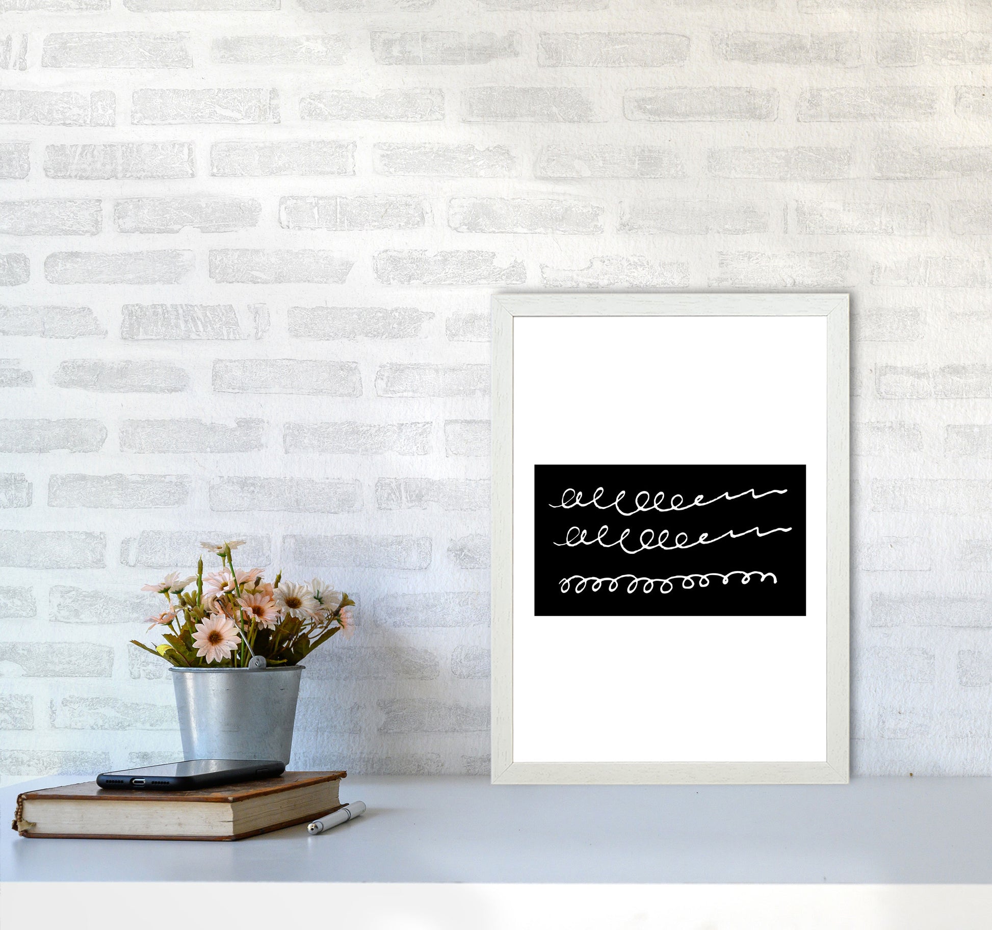 Black Rectangle Swirls Abstract Modern Print A3 Oak Frame