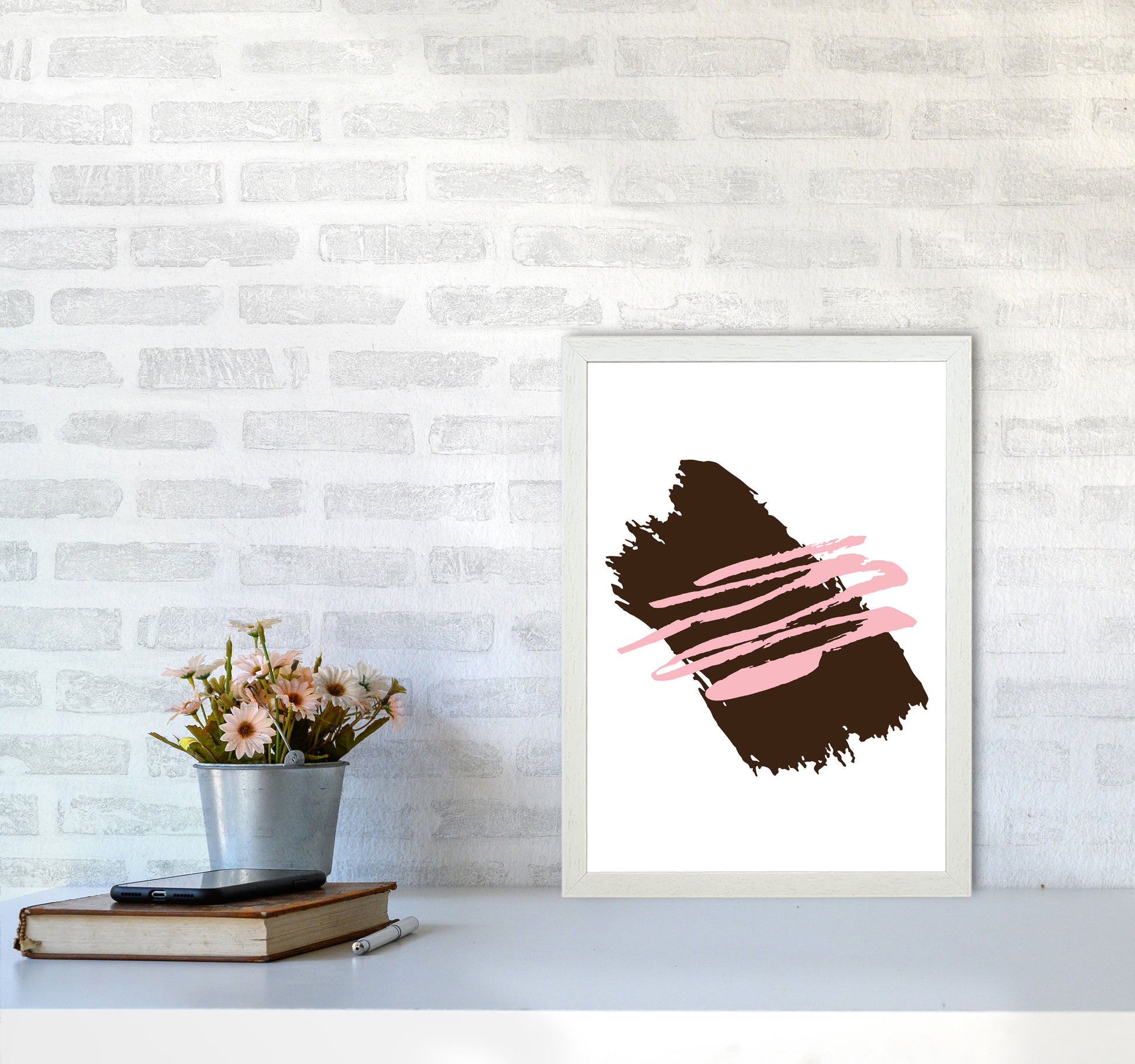 Black Jaggered Paint Brush Abstract Modern Print A3 Oak Frame