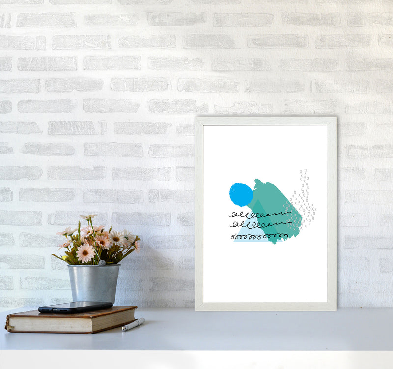 Teal And Blue Mountain Sun Abstract Modern Print A3 Oak Frame
