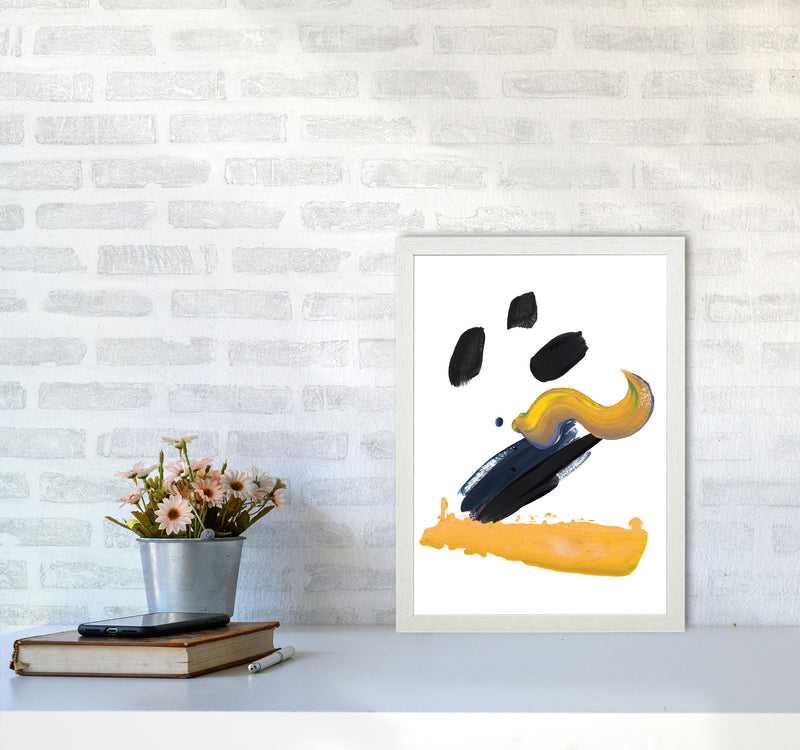 Mustard And Black Abstract Paint Strokes Modern Print A3 Oak Frame