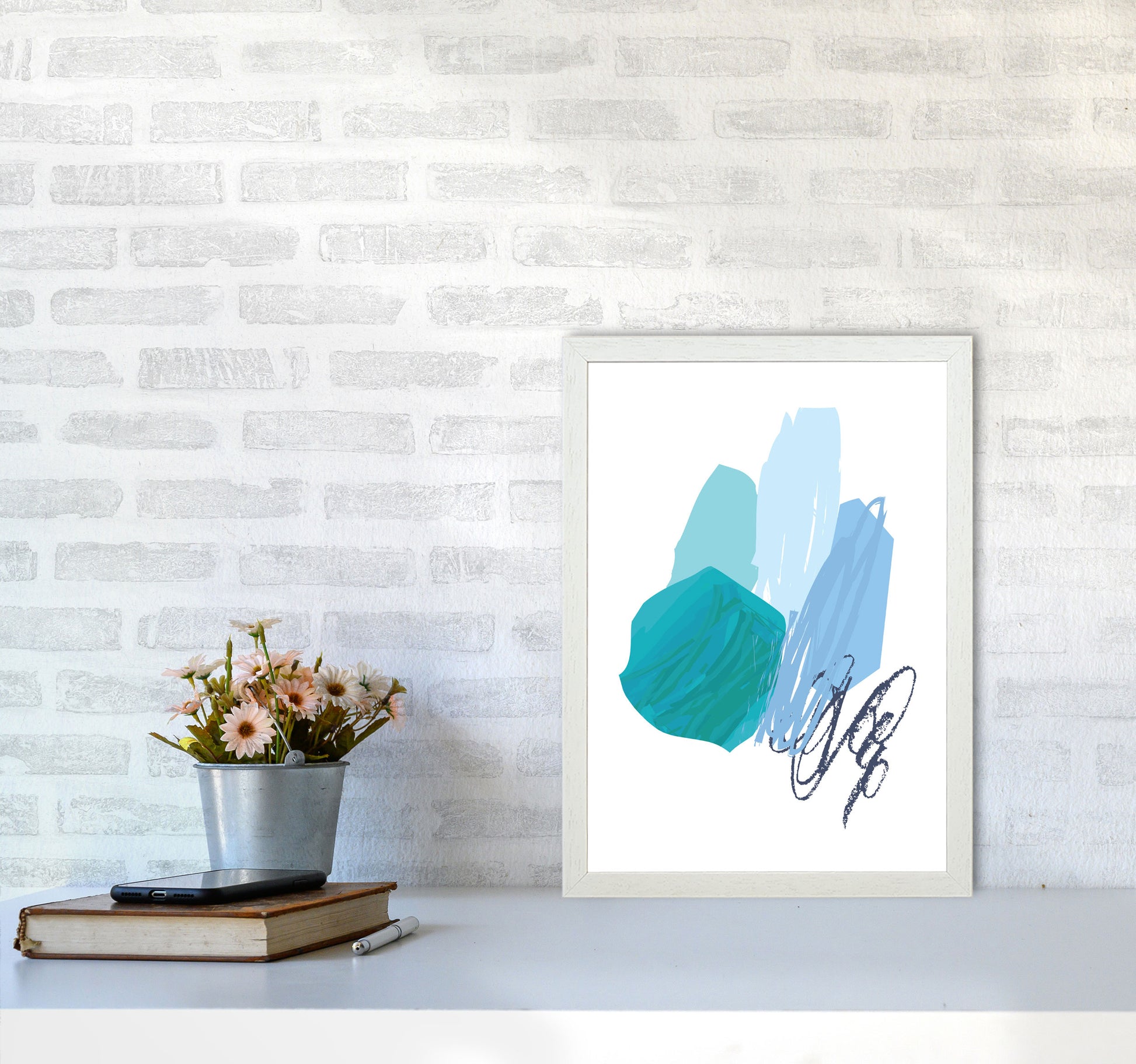 Blue Abstract Palette Drawings Modern Print A3 Oak Frame