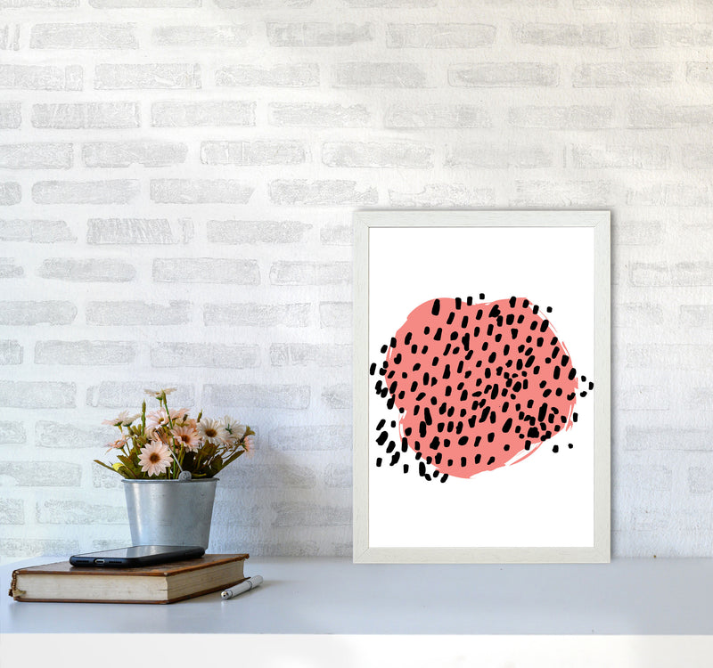 Coral Blob With Black Polka Dots Abstract Modern Print A3 Oak Frame
