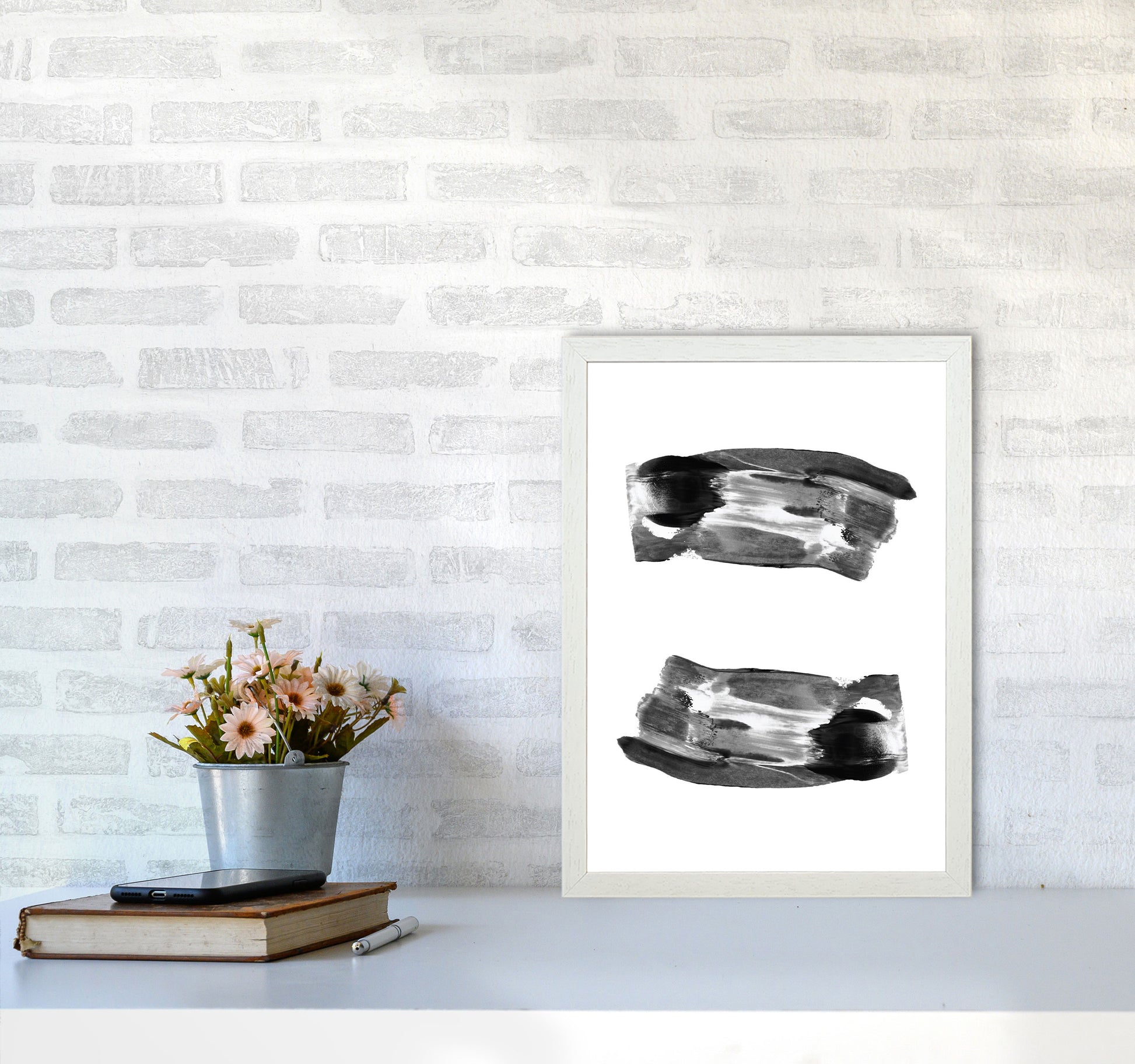 Black Abstract Paint Strokes Modern Print A3 Oak Frame