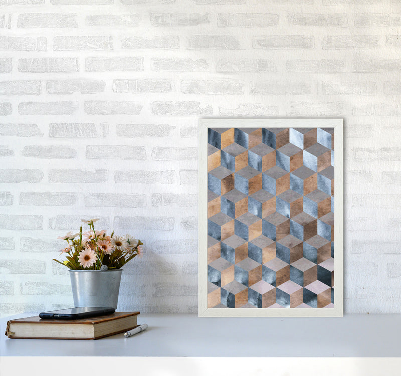 Blue, Grey And Brown Abstract Watercolour Box Modern Print A3 Oak Frame