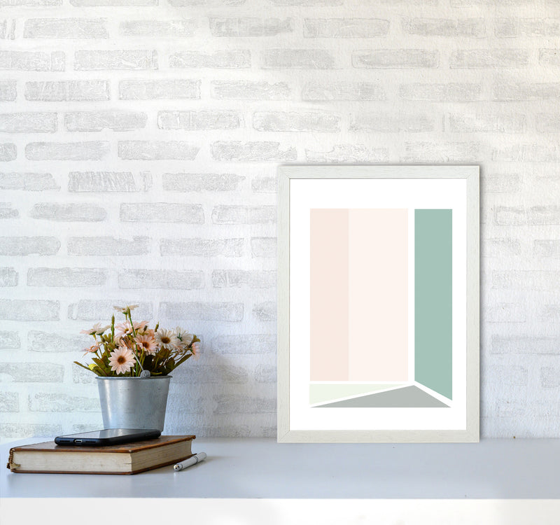 Peach, Green And Grey Abstract Rectangle Modern Print A3 Oak Frame