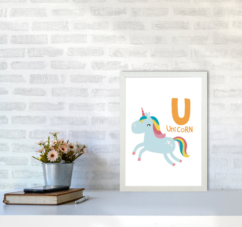 Alphabet Animals, U Is For Unicorn Framed Nursey Wall Art Print A3 Oak Frame