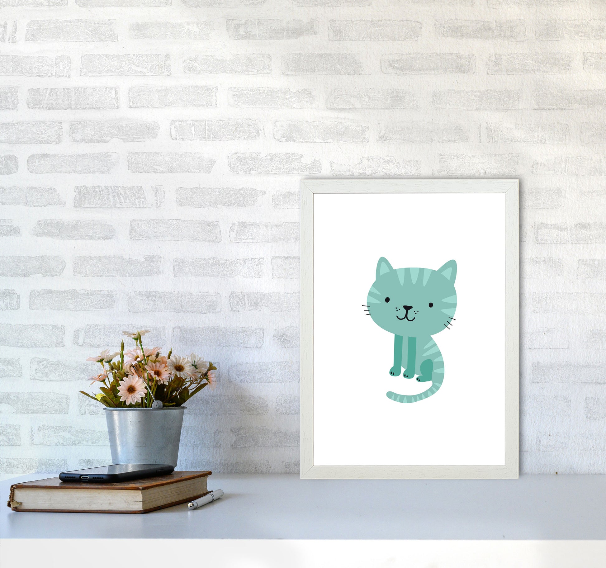 Children&#39;s Animals, Cat Modern Print A3 Oak Frame