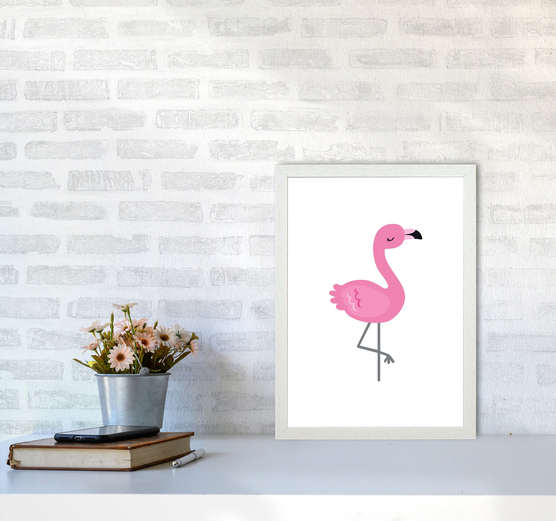 Children&#39;s Animals, Flamingo Modern Print A3 Oak Frame