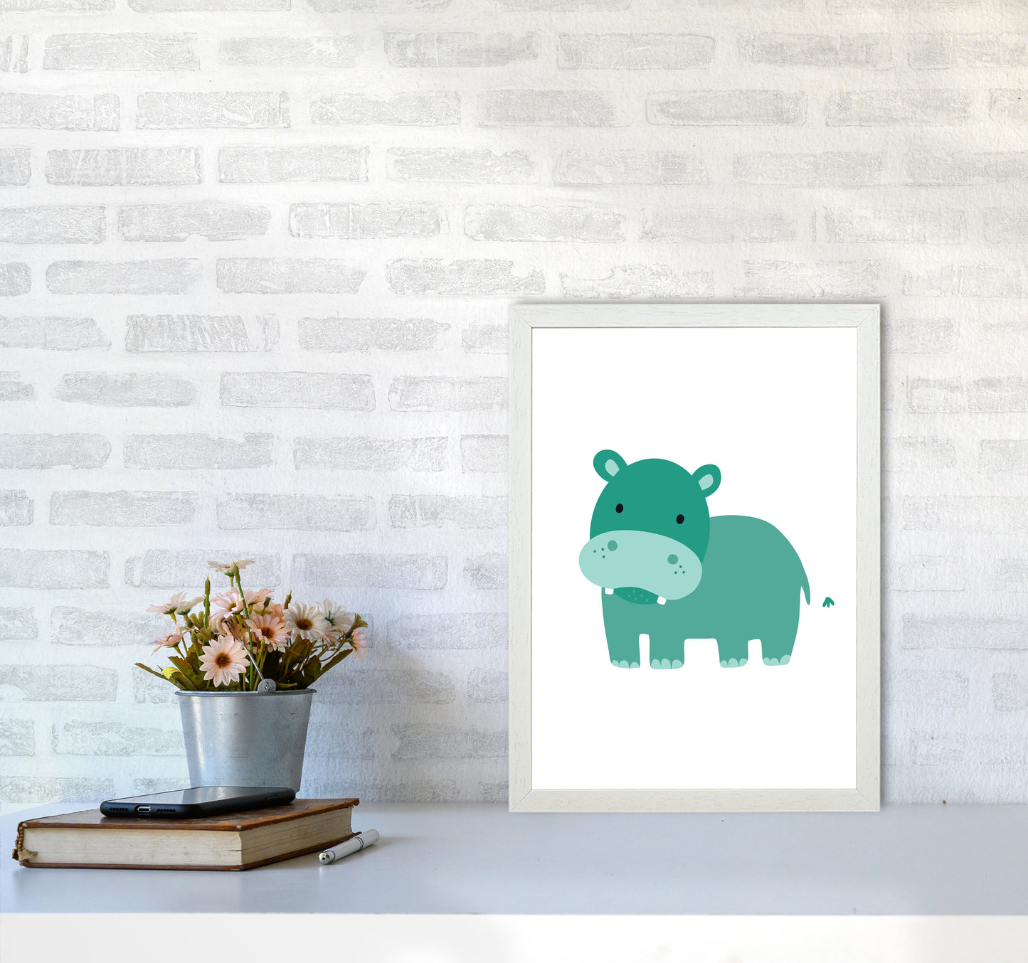 Children&#39;s Animals, Hippo Modern Print A3 Oak Frame