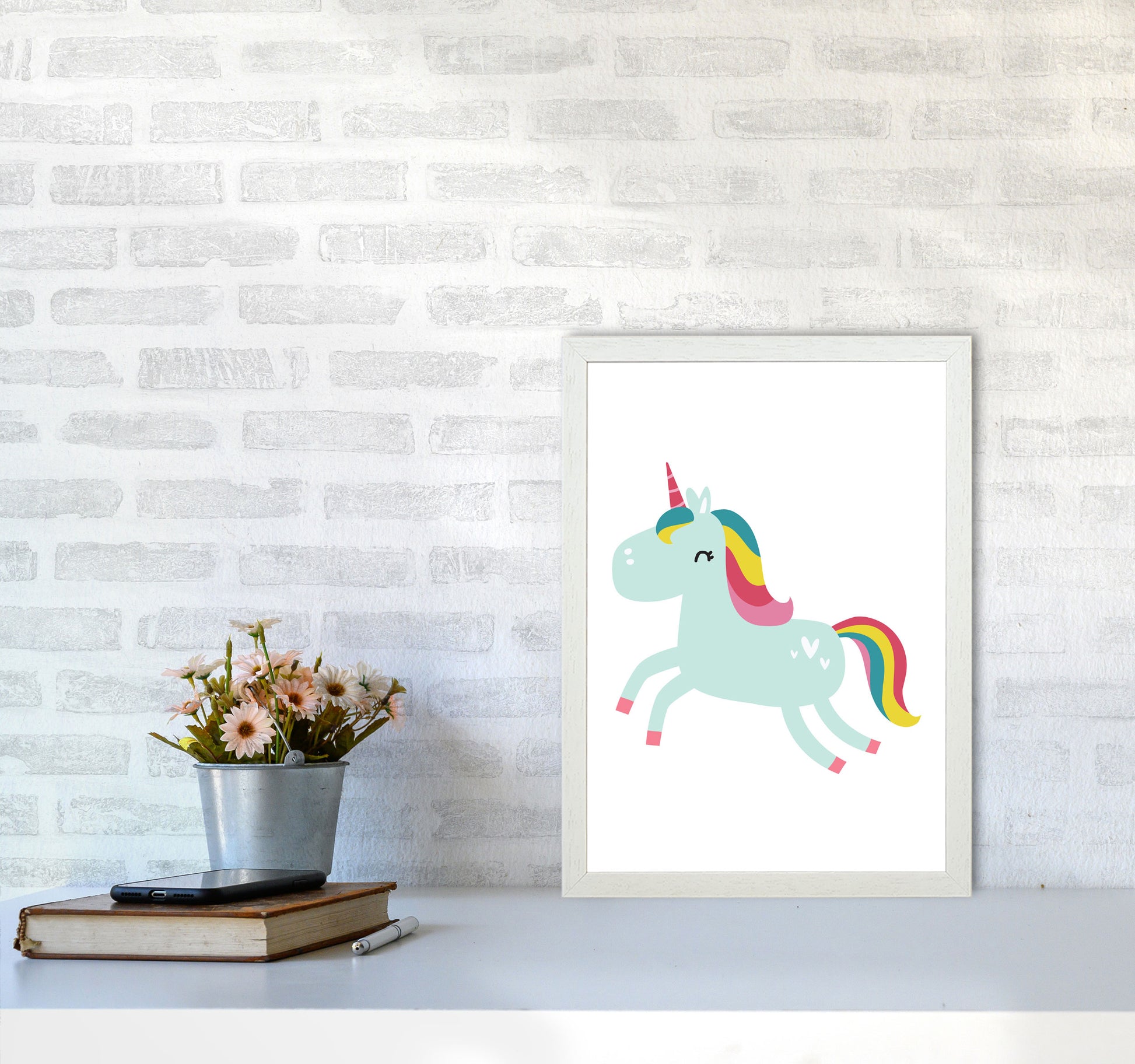 Children&#39;s Animals, Unicorn Modern Print A3 Oak Frame