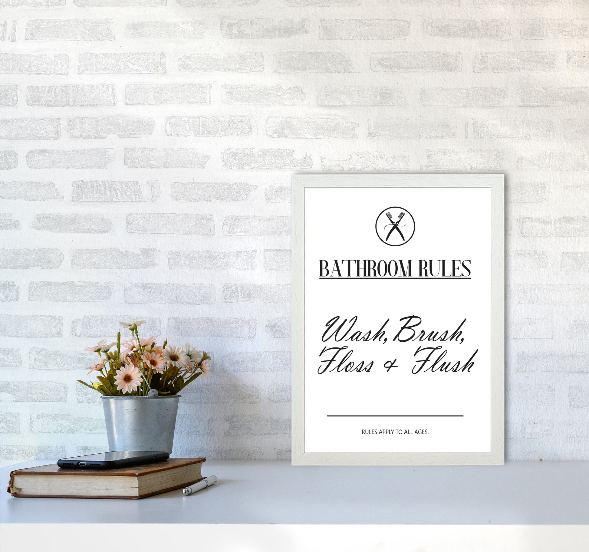 Bathroom Rules Modern Print, Framed Bathroom Wall Art A3 Oak Frame