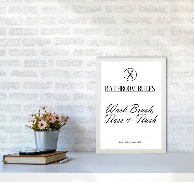 Bathroom Rules Modern Print, Framed Bathroom Wall Art A3 Oak Frame