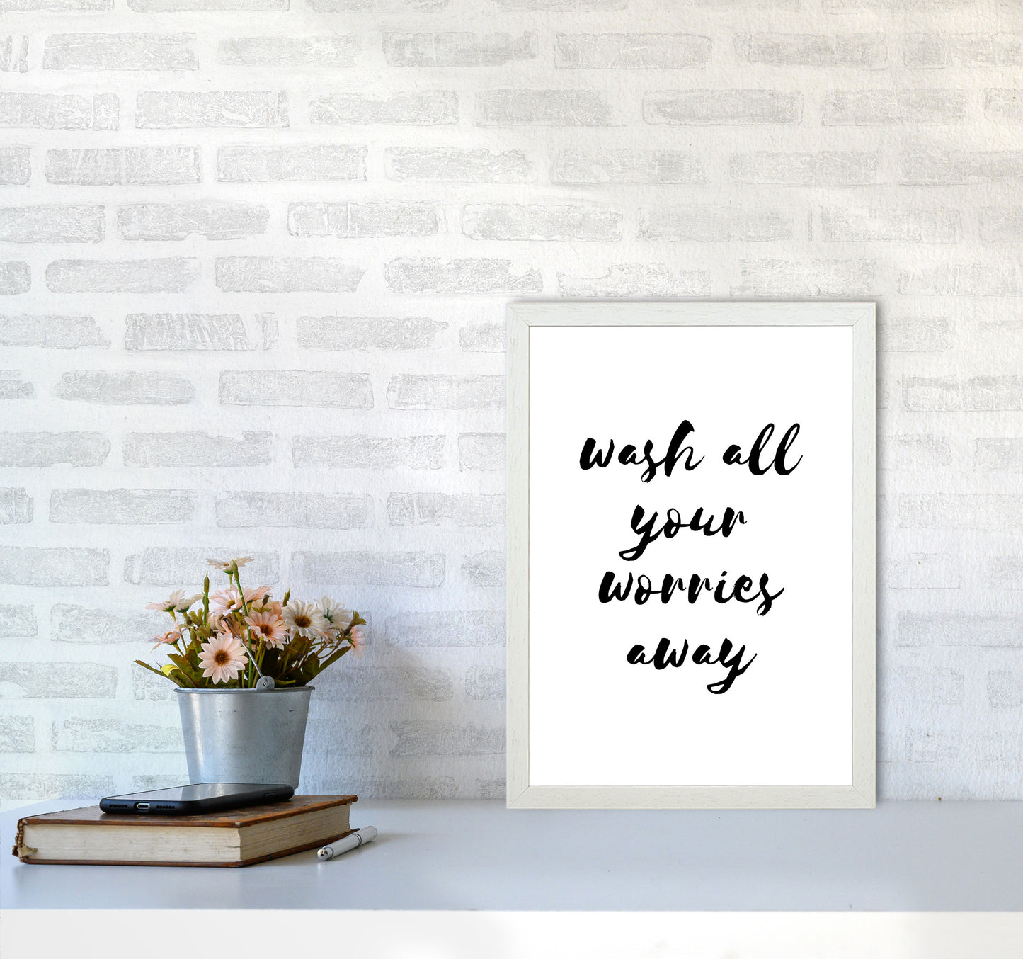 Wash All Your Worries Away, Bathroom Modern Print, Framed Bathroom Wall Art A3 Oak Frame