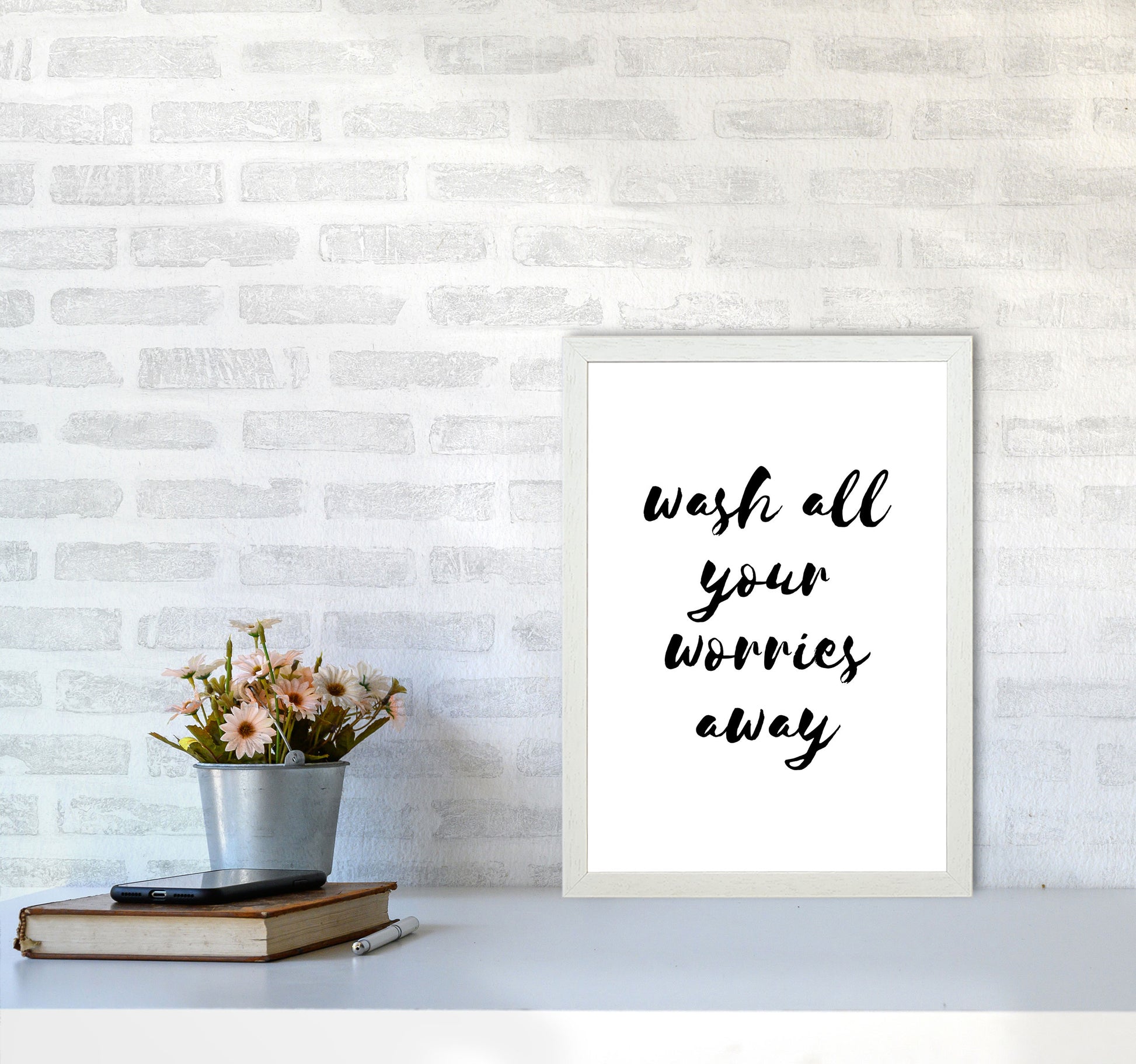 Wash All Your Worries Away, Bathroom Modern Print, Framed Bathroom Wall Art A3 Oak Frame