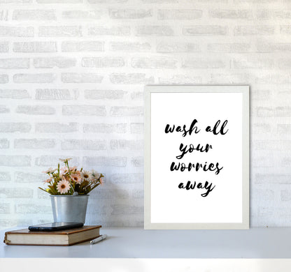 Wash All Your Worries Away, Bathroom Modern Print, Framed Bathroom Wall Art A3 Oak Frame