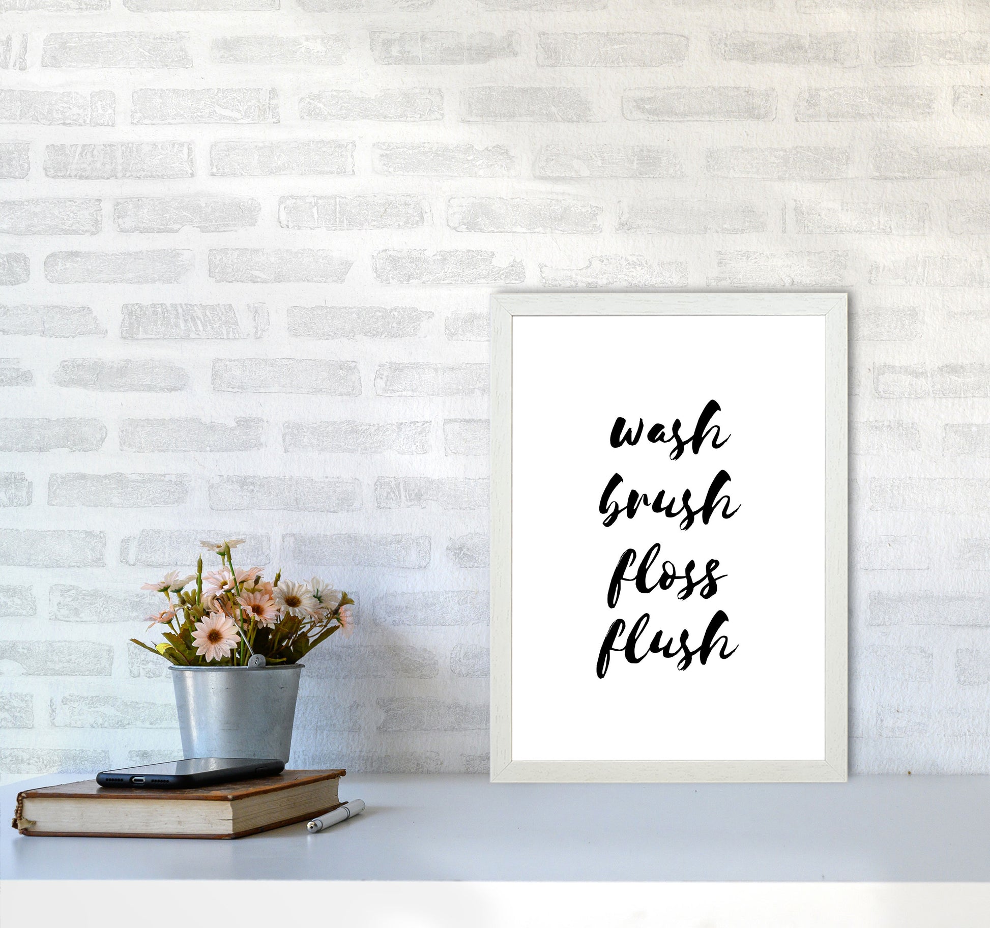 Wash Brush Floss Flush, Bathroom Modern Print, Framed Bathroom Wall Art A3 Oak Frame