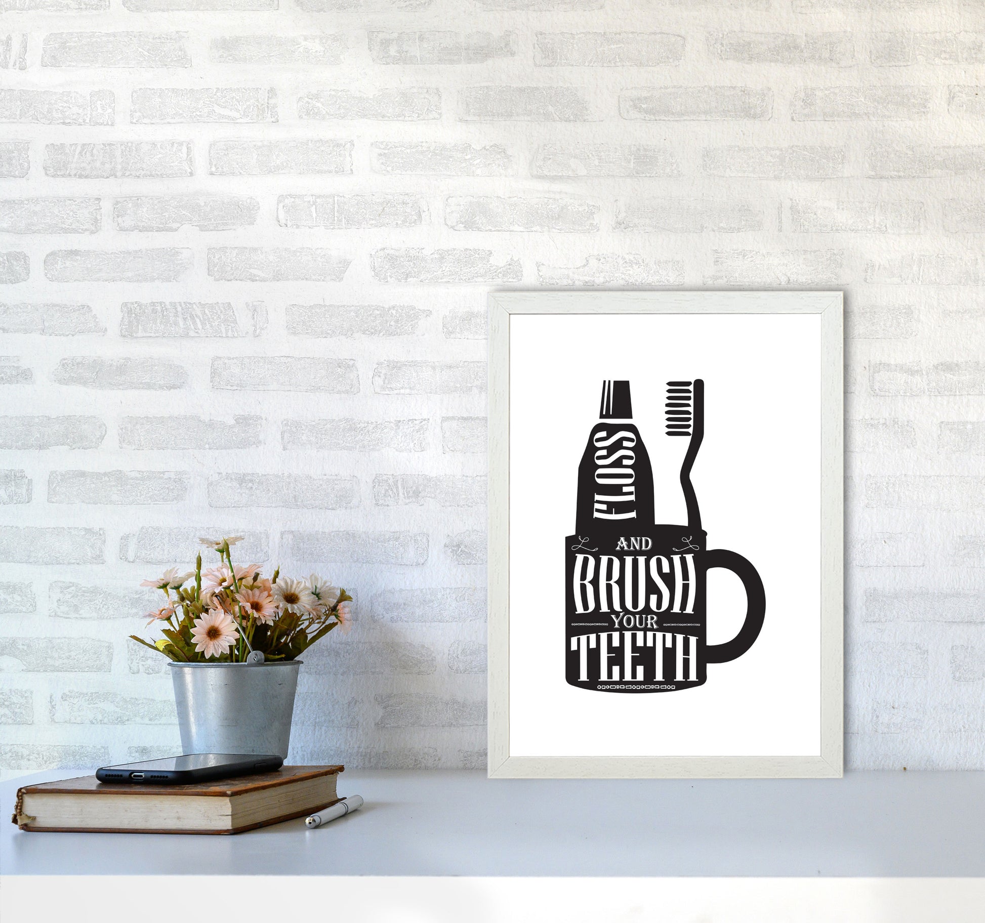Brush Your Teeth, Bathroom Modern Print, Framed Bathroom Wall Art A3 Oak Frame