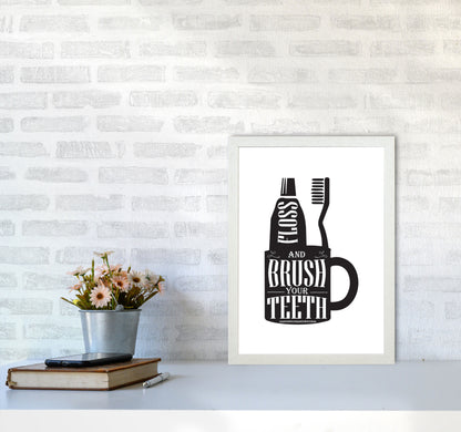 Brush Your Teeth, Bathroom Modern Print, Framed Bathroom Wall Art A3 Oak Frame