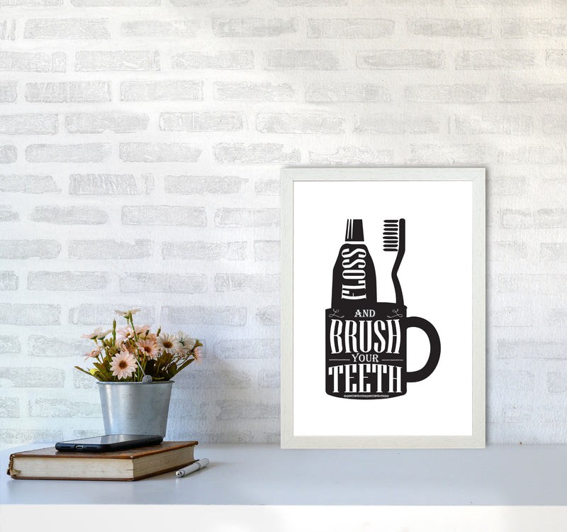 Brush Your Teeth, Bathroom Modern Print, Framed Bathroom Wall Art A3 Oak Frame