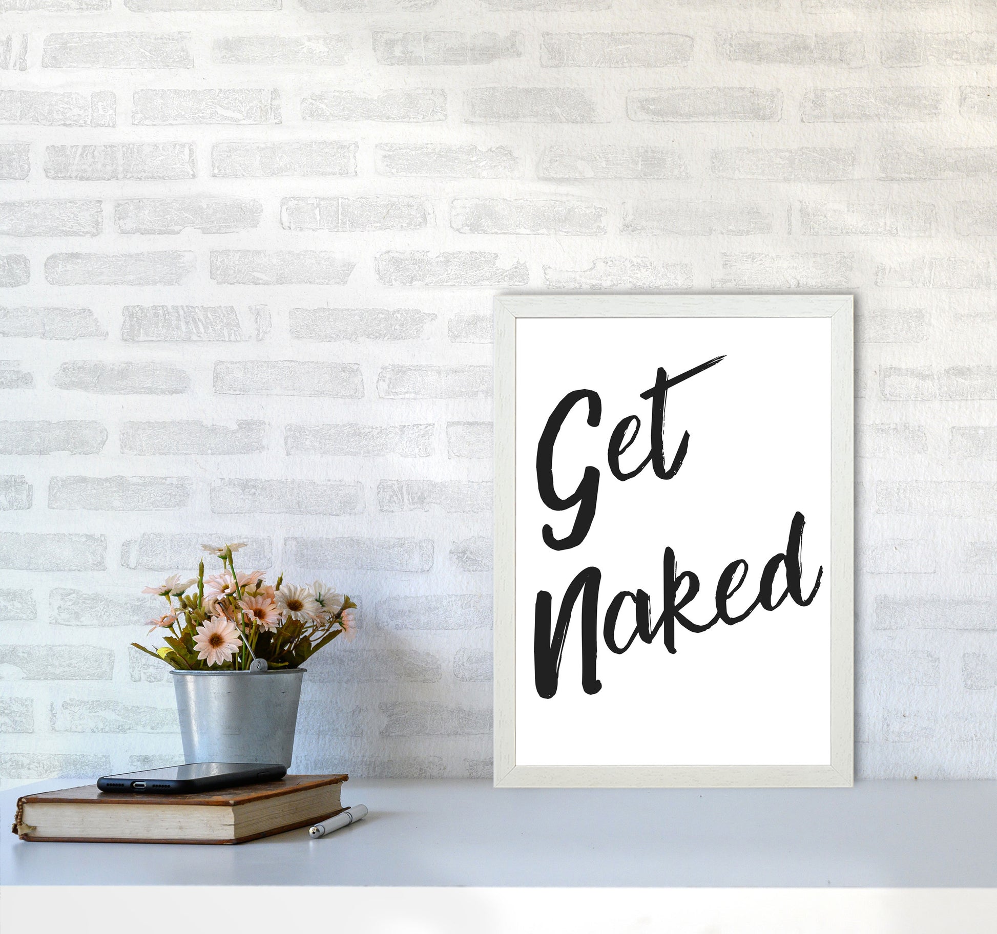 Get Naked 2, Bathroom Modern Print, Framed Bathroom Wall Art A3 Oak Frame