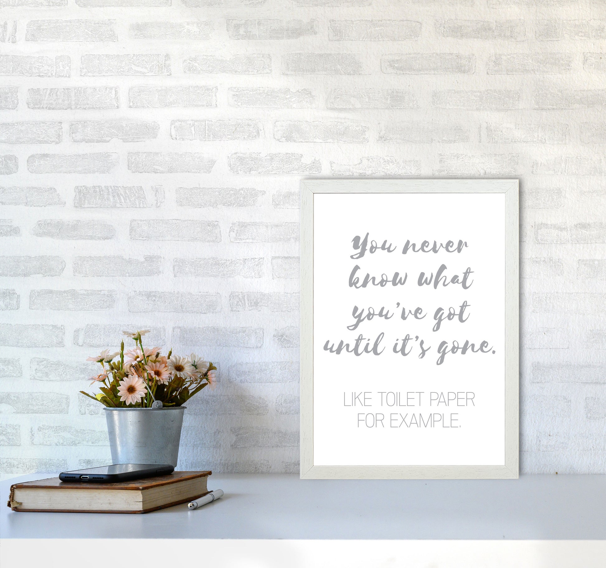 Toilet Roll Grey, Bathroom Modern Print, Framed Bathroom Wall Art A3 Oak Frame