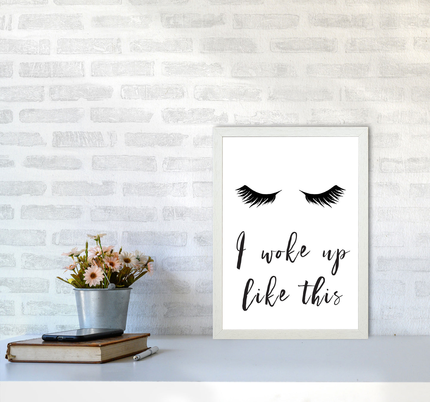 I Woke Up Like This Lashes Framed Typography Wall Art Print A3 Oak Frame