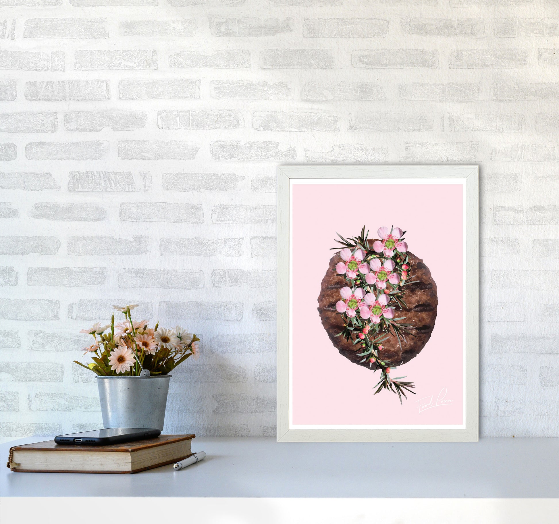 Pink Burger Floral Food Print, Framed Kitchen Wall Art A3 Oak Frame