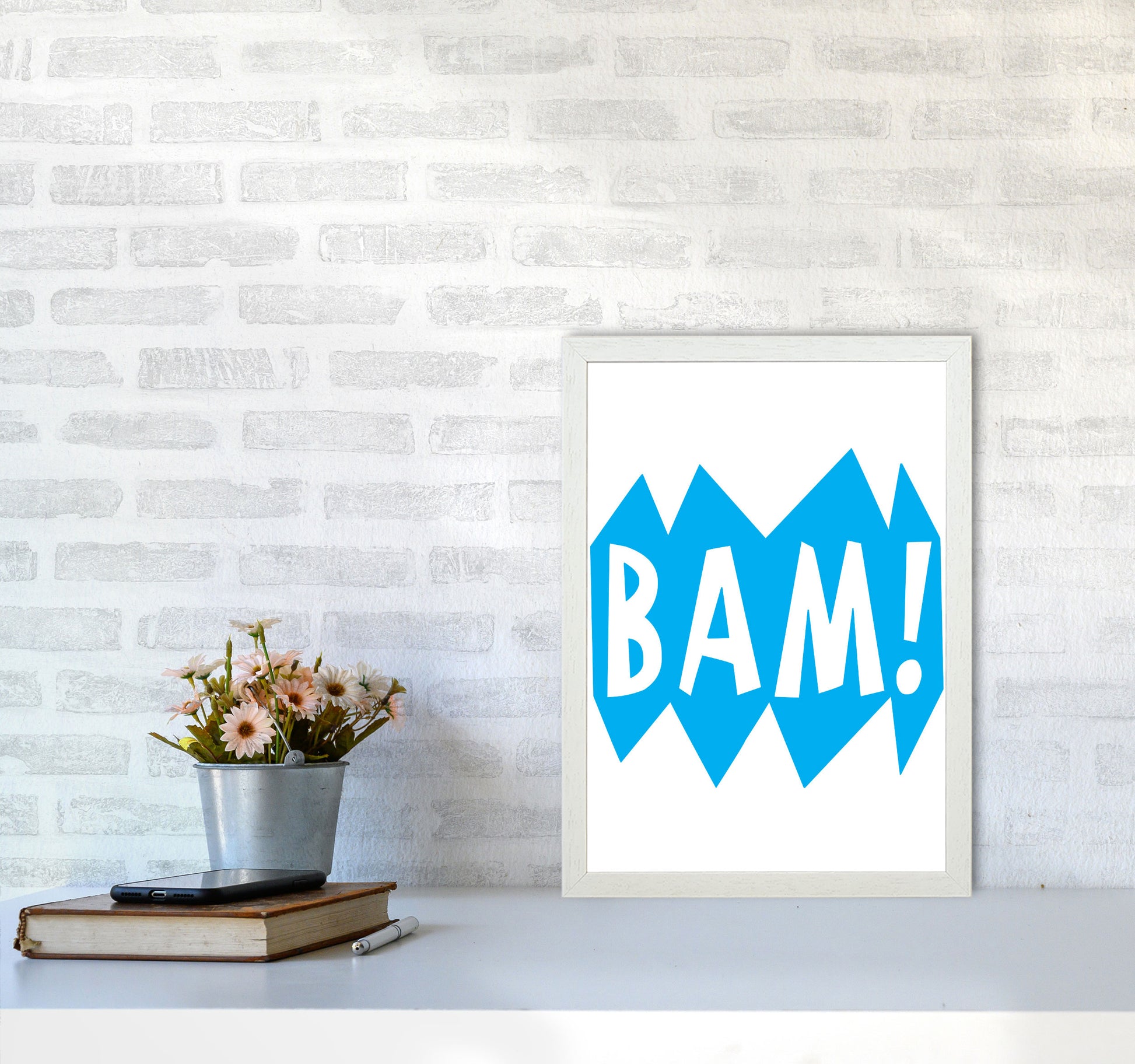 BAM! Blue Framed Nursey Wall Art Print A3 Oak Frame